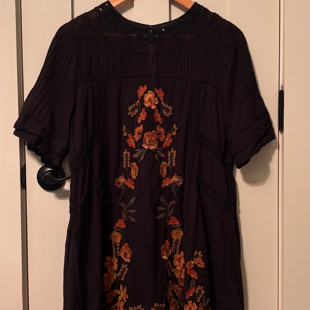 Free People Black Mini Dress with Orange Floral Embroidery